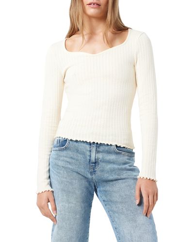 Noisy May Anna Sweetheart Neck Long Sleeve Pointelle Top - White