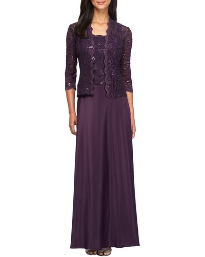 Alex Evenings 2121198 Lace Quarter Sleeve Jacket Long Gown - Purple
