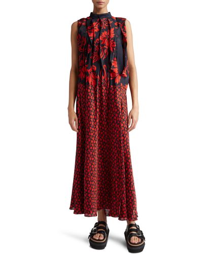 Sacai Floral Print Pleated Maxi Dress - Red