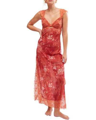 Free People Suddenly Fine Floral Print Cutout Lace Trim Nightgown - Red