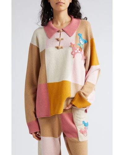YANYAN Oversize Embroidered Checkerboard Lambswool Polo Sweater - Multicolor