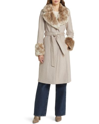 Via Spiga Wool Blend Belted Coat With Faux Fur Trim - Natural