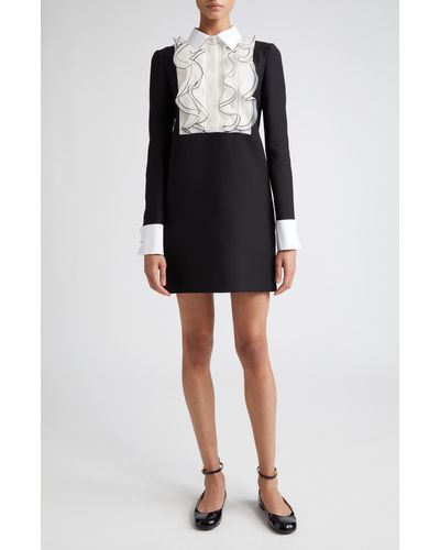 Valentino Ruffle Bib Long Sleeve Crepe Couture Minidress - Black