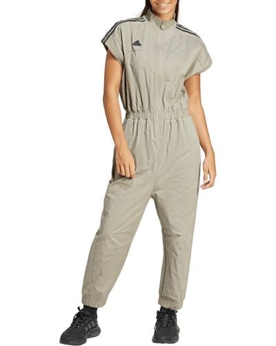 adidas Zip-up Cotton Twill Jumpsuit - Natural