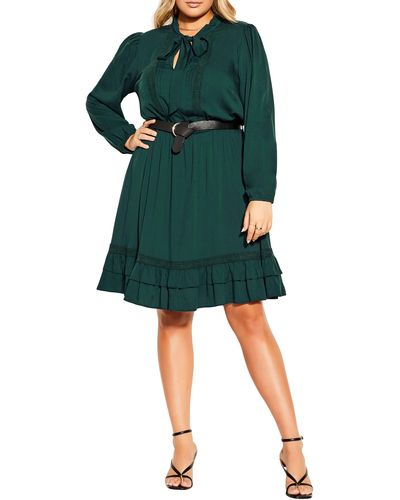 City Chic Precious Belted Long Sleeve Dress - Green