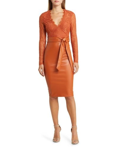 Bebe Mixed Media Long Sleeve Lace & Faux Leather Dress - Orange