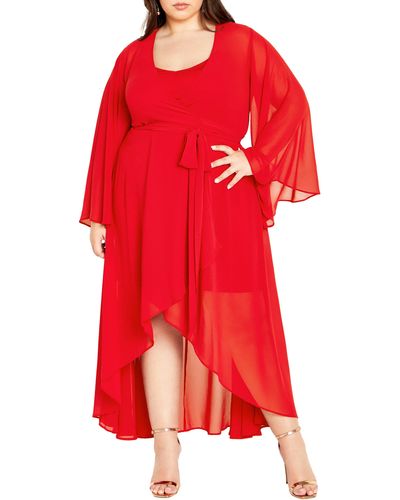 City Chic Fleetwood Long Sleeve Chiffon Wrap Dress - Red