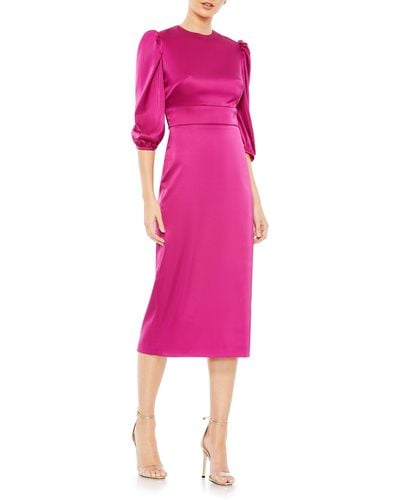 Mac Duggal Puff Sleeve Satin Midi Cocktail Dress - Pink