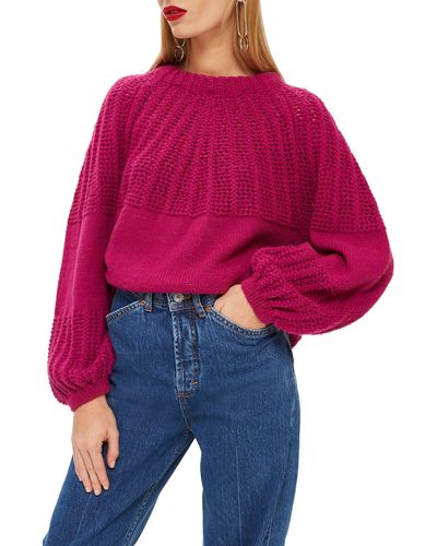TOPSHOP Pointelle Ball Sleeve Sweater - Red