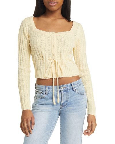 All In Favor Drawstring Square Neck Cardigan In At Nordstrom, Size Large - Natural