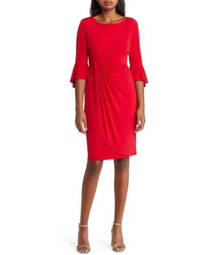 Connected Apparel Ruched Bell Sleeve Faux Wrap Cocktail Dress - Red