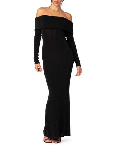 Edikted Susan Off The Shoulder Long Sleeve Maxi Dress - Black