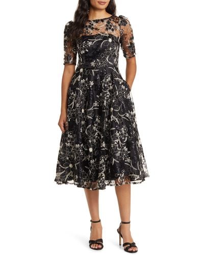 Eliza J Sequin Floral Embroidery Fit & Flare Cocktail Midi Dress - Black