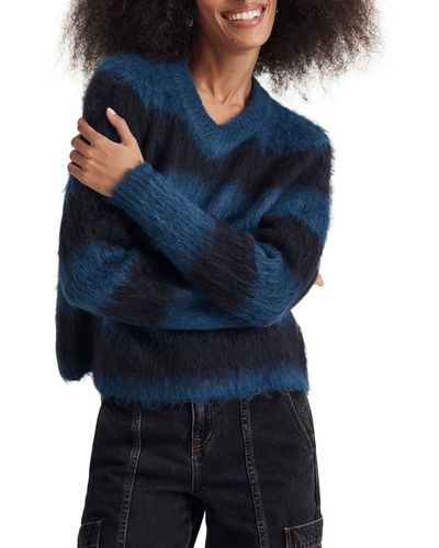 Madewell Brushed Stripe V-neck Sweater - Blue
