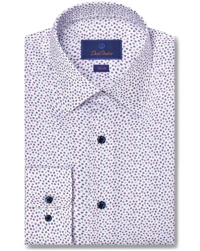 David Donahue Slim Fit Tossed Square Print Cotton Dress Shirt - Blue