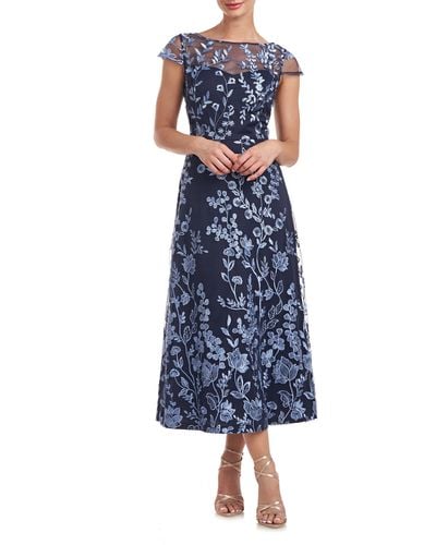 JS Collections Meredith Floral Embroidery A-line Dress - Blue