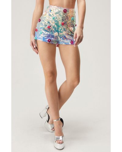 Nasty Gal Floral Appliqué Sequin High Waist Shorts - Blue