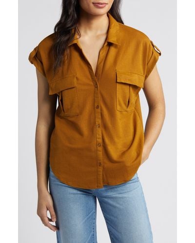 Bobeau Utility Short Sleeve Button-up Shirt - Brown