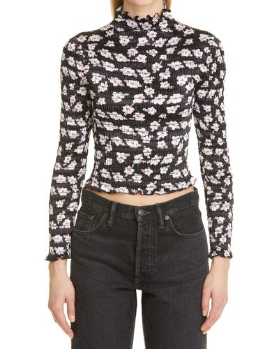 AMY CROOKES Floral Print Shirred Top - Black