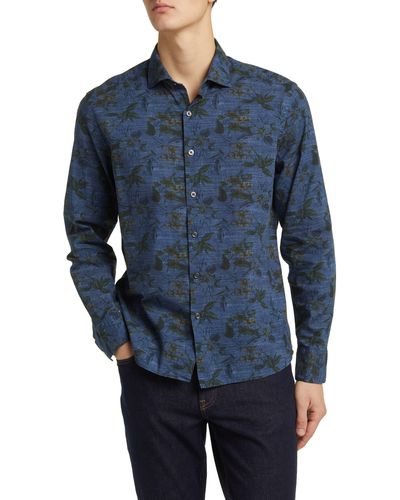 Robert Barakett Lexington Floral Print Denim Button-up Shirt - Blue