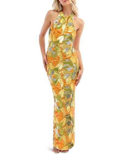 HELSI Uma Floral Sequin Halter Neck Sheath Gown - Yellow