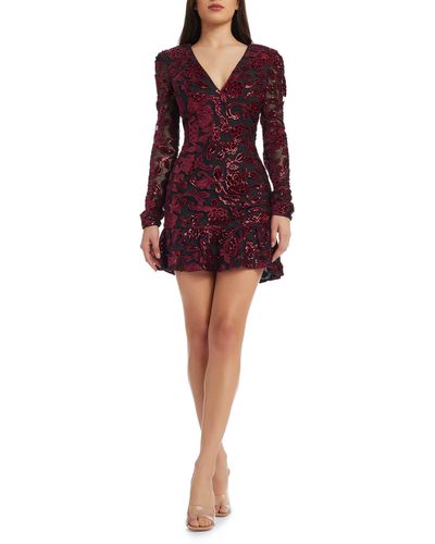 Dress the Population Kelsey Sequin Floral Long Sleeve Minidress - Red