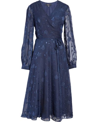 Lulus Evening Of Elegance Floral Long Sleeve Midi Wrap Dress - Blue