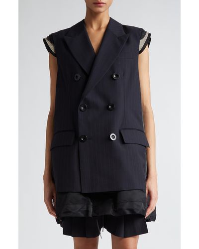 Sacai Pinstripe Mixed Media Double Breasted Vest - Black