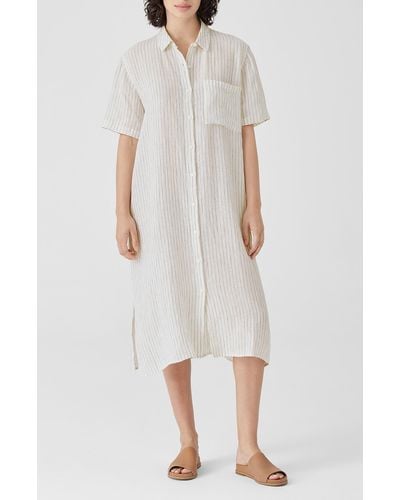 Eileen Fisher Classic Collar Stripe Organic Linen Shirtdress - White