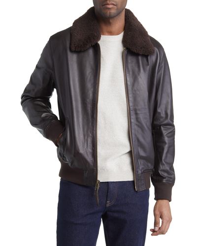 Frye Leather Bomber Jacket With Removable Faux Shearling Collar - Black