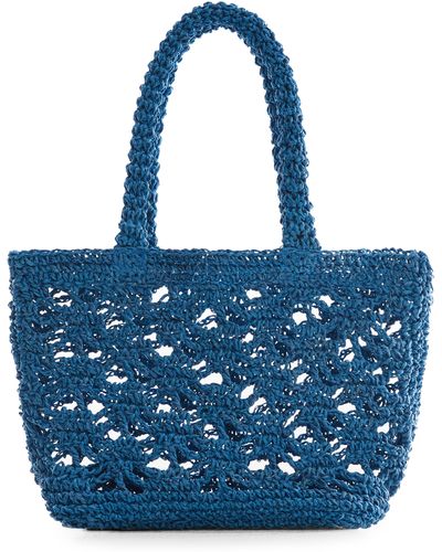 Mango Crocheted Raffia Top Handle Bag - Blue
