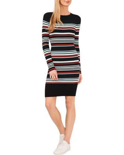 Cece Stripe Long Sleeve Ribbed Sweater Dress - Black