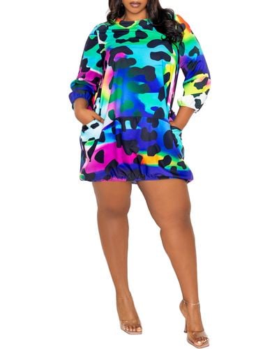 Buxom Couture Rainbow Leopard Print Bubble Hem Dress - Blue