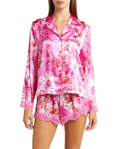 In Bloom My Valentine Floral Lace Trim Satin Short Pajamas - Pink