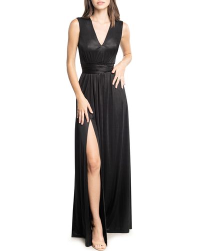 Dress the Population Krista Plunge Neck Side Slit Gown - Black