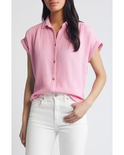 Beach Lunch Lounge Dollie Short Sleeve Cotton Button-up Shirt - Pink