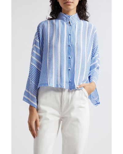 La Vie Style House Stripe Cotton Crop Jacket - Blue