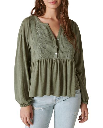 Lucky Brand Beaded Embroidered Pintuck Top - Green