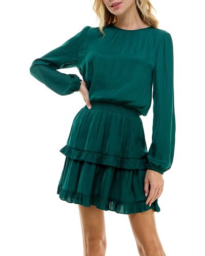 Socialite Smocked Tiered Long Sleeve Satin Dress - Green