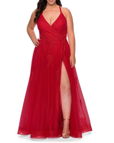 La Femme Embroide & Beaded Tulle Ballgown At Nordstrom - Red