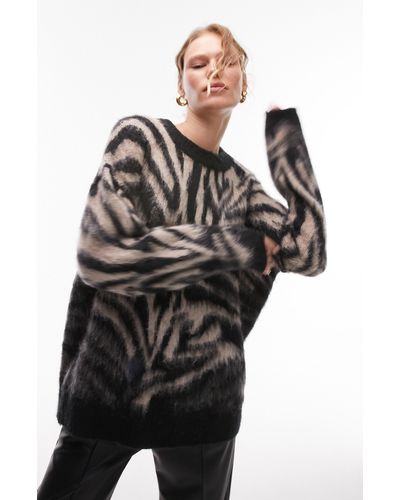 TOPSHOP Fuzzy Zebra Print Sweater - Black