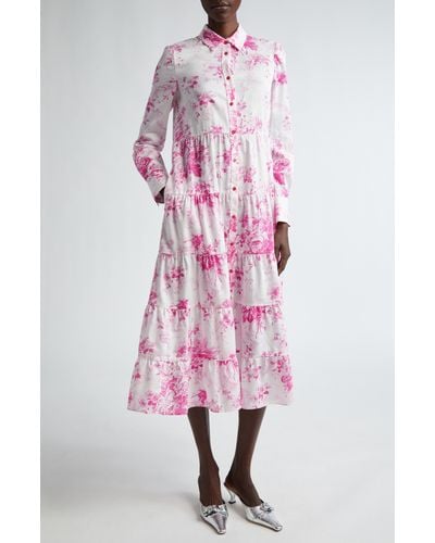 Erdem Floral Print Long Sleeve Tiered Shirtdress - Pink