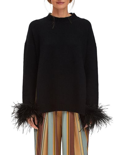 Sleeper Agatha Feather Trim Wool & Cashmere Pajama Sweater - Black
