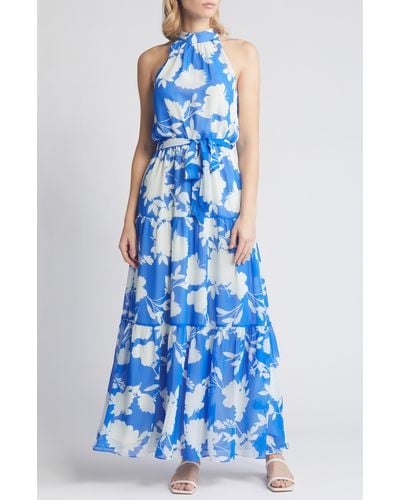 Julia Jordan Floral Mock Neck Tiered Maxi Dress - Blue