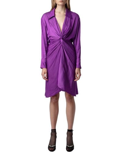 Zadig & Voltaire Rozo Gathered Long Sleeve Satin Dress - Purple