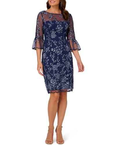 Adrianna Papell Floral Embroidered Bell Sleeve Sheath Dress - Blue