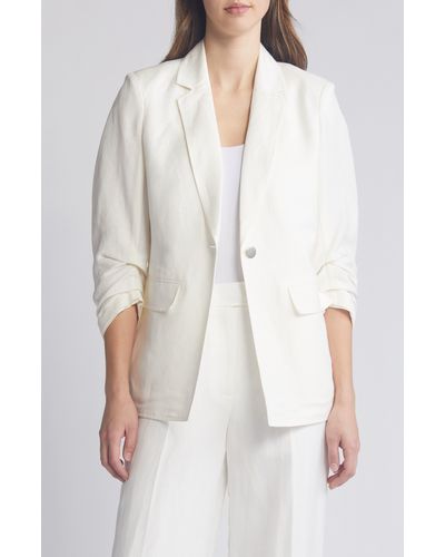 Anne Klein Gathered Sleeve Linen Blend Blazer - White