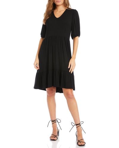 Karen Kane Tiered Puff Sleeve A-line Dress - Black