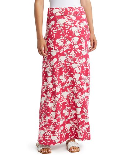 Loveappella Floral Roll Top Maxi Skirt - Red