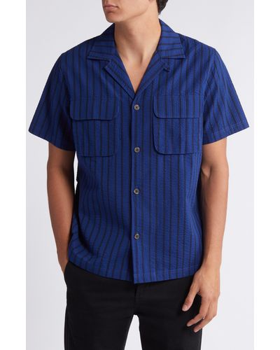 Les Deux Osmund Stripe Cotton Seersucker Camp Shirt - Blue